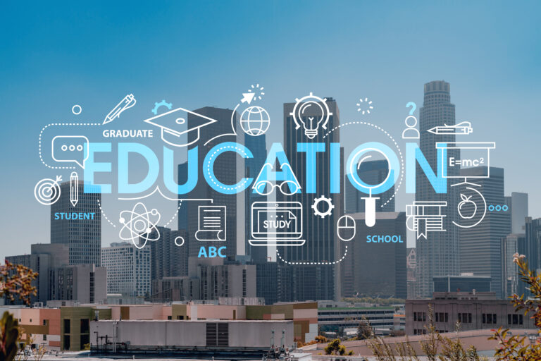 Skyline of Los Angeles downtown at summer day time, California, USA. Skyscrapers of panoramic city center of LA. Technological and educational concept